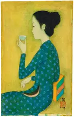 Mai Trung Thu, Tea Cup, 1968, gouache on silk, in artist’s frame