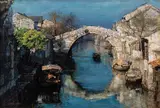 Chen Yifei, Blue Water Village, oil on canvas