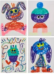 Jon Burgerman, Four works: (i) Sorta Cola; (ii) Scibbs Kyle; (iii) Shelld; & (iv) Sorta Goat, 2021, oil bar and spray paint on acid free 250 mixed media paper