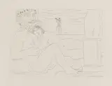 Pablo Picasso, Sculpteur au repos avec son modèle, anémones et petit torse (Sculptor at Rest with his Model, Anemones and Small Torso), plate 53 from La Suite Vollard (Bl. 162, Ba. 315), 1933, Etching, on Montval laid paper watermarked Picasso , with full margins