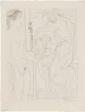 Pablo Picasso, Femme laide devant la sculpture d'une Marie-Thérèse athlétique appuyée sur un autoportrait du sculpteur (Ugly Woman before a Sculpture of an Athletic Marie-Therese, Leaning on a Self-Portrait of the Sculptor), plate 72 from La Suite Vollard (Bl. 185, Ba. 344), 1933, Etching, on Montval laid paper watermarked Vollard , with full margins