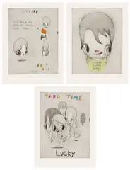 Javier Calleja, First Look; Second Chance Always; and Third Time Lucky, 2021, Three etchings with hand-coloring in watercolour and pencil, on Arches paper, with full margins
