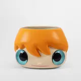 Javier Calleja, The Big Top Pot (Blue Eyes / Orange Hair), 2023, Ceramic planter in colours with blue glass eyes, contained in the original wooden crate