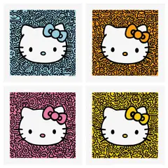 Sam Cox, Kitty Blue; Kitty Orange; Kitty Pink; and Kitty Yellow, 2021, Four giclée and screenprints in colours with glitter, on wove paper, with full margins