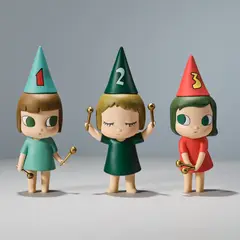 123 Drumming Girls by Yoshitomo Nara, 2020, The complete set of three painted cast vinyl sculptures, contained within their original packaging, sold Nov 2025