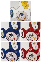 Takashi Murakami, And then x 6 White: The Superflat Method, Blue & Yellow Ears,; And then x 6 Marine Blue: The Superflat Method; And then x 6 Red; And then x 6 Vermilliom:The Superflat Method; And then x 727 Ultramarine: GUNJO, 2013, Five offset lithographs in colours, on smooth wove paper, the full sheets