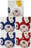 And then x 6 White: The Superflat Method, Blue & Yellow Ears,; And then x 6 Marine Blue: The Superflat Method; And then x 6 Red; And then x 6 Vermilliom:The Superflat Method; And then x 727 Ultramarine: GUNJO by Takashi Murakami, 2013, Five offset lithographs in colours, on smooth wove paper, the full sheets, sold Nov 2025