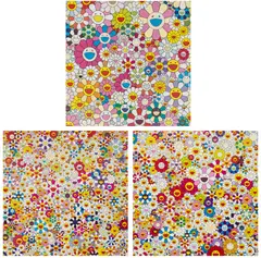 Takashi Murakami, Flower Smile; Open Your Hands Wide, Embrance Happiness!; and Flowers in Heaven, 2011 & 2010, Three offset lithographs in colours, on smooth wove paper, the full sheets