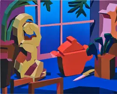 Jonathan Chapline, Crockpot, Knife and Sculpture on Table, 2019, acrylic and Flasche on panel