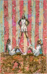Derek Fordjour, One Up Two Down, 2016, charcoal, oil pastel, acrylic, spray paint and newspaper on canvas