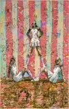 Derek Fordjour, One Up Two Down, 2016, charcoal, oil pastel, acrylic, spray paint and newspaper on canvas