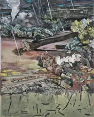 Hernan Bas, The Hailstorm (he's been through this before), 2013, acrylic, silkscreen and airbrush on linen