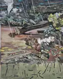 Hernan Bas, The Hailstorm (he's been through this before), 2013, acrylic, silkscreen and airbrush on linen