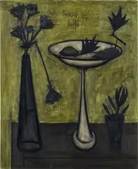 Compotier et vase de fleurs by Bernard Buffet, 1954, oil on canvas, sold Jun 2024