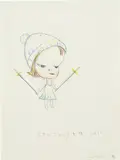 Yoshitomo Nara, Kitman holding ski poles (sukii-tokku wo motsu Kittoman), 1995, coloured pencil on paper
