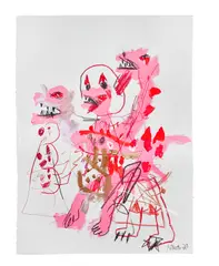 Robert Nava, Pink Dragon with Clown, 2020, acrylic, crayon, and grease pencil on paper
