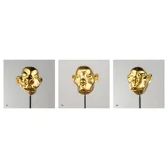Fang Lijun, Three works: (i) Goldhead No. 6; (ii) Goldhead No. 3; (iii) Goldhead No. 11, 2005, gold leaf on metal