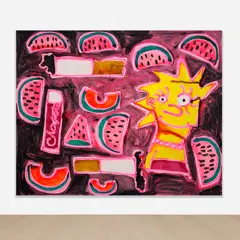 Katherine Bernhardt, Lisa Simpson, watermelon, cantelope, cigarettes, and chapstick, 2016, acrylic and spray paint on canvas