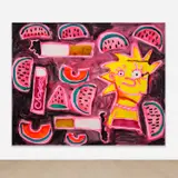 Katherine Bernhardt, Lisa Simpson, watermelon, cantelope, cigarettes, and chapstick, 2016, acrylic and spray paint on canvas