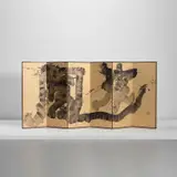 Sofu Teshigahara, Six-panel folding screen, circa 1970, Sumi ink and gold on paper, Macassar ebony