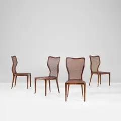 Franco Buzzi, Set of four chairs, circa 1953, Walnut, rattan