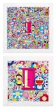 Takashi Murakami, Many Things Await Beyond Anywhere Door (DokoDemo Door); and We Came to the Field of Flowers Through Anywhere Door (Dokodemo Door), 2018-2019, Two screenprints in colours with cold stamped gold and silver foil, on smooth wove paper, with full margins