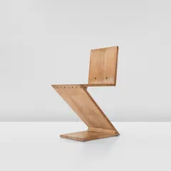'Zig-Zag' chair by Gerrit Rietveld, designed 1932, produced circa 1967, Elm, brass, sold Dec 2024