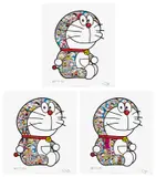 Doraemon Sitting Up: "He-he"; Doraemon Sitting Up: "Every Day Is a Struggle, Nobita"; and Doraemon Sitting Up: "Everywhere Door (Dokodemo Door)" by Takashi Murakami, 2018, Three offset lithographs in colours, on smooth wove paper, with full margins, sold Dec 2024
