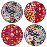 Flowerball (3D) From the Realm of the Dead; Flower Ball (3D) Red Cliff; Flowerball Red (3D) Magic Flute; and Right There, The Breadth of the Human Heart by Takashi Murakami, 2009; 2008; 2009; and 2013, Four offset lithographs in colours, on smooth wove paper, the full sheets, sold Dec 2024