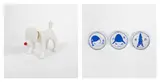 Yoshitomo Nara, Doggie Radio; and Life Is Only One, 2011; and 2015, Hand-assembled polymer fiberglass stereo with bluetooth, FM radio and Yamaha speaker system, and the complete set of three porcelain plates with transfer print in blue, all contained in their original cardboard boxes with printed titles