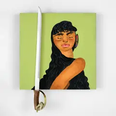 Bony Ramirez, Rio Verde, 2021, acrylic, coloured pencil, oil pastel, metal & wood sword, seashells, and Bristol paper on wood panel