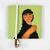 Bony Ramirez, Rio Verde, 2021, acrylic, coloured pencil, oil pastel, metal & wood sword, seashells, and Bristol paper on wood panel