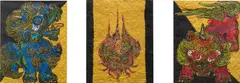 Miwa Komatsu, Three works: (i) Heaven – Guardian; (ii) Earth – Guardian; (iii) Human – Spirit, 2017, screenprint with glitter on paper