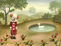 Marion Peck, Clown with Duck, 2022, oil on panel with resin