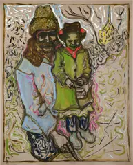 Billy Childish, Astrakhan Hat and Flower Bonnet (Father and Daughter), 2013, oil and charcoal on linen
