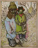 Billy Childish, Astrakhan Hat and Flower Bonnet (Father and Daughter), 2013, oil and charcoal on linen
