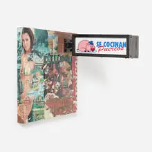 Paul Flores, Se cocinan puercos, 2021, acrylic and flashe on plastic, steel, paper collage on acrylic-coated HDF
