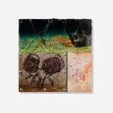Jerry Peña, In God, Edelbrock, and Liquor Store Bag Roses We Trust, 2023, mixed media, glass, screenprint and found material on panel