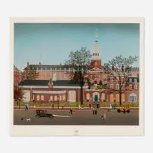 Michel Delacroix, Lowell House, Harvard 350 years, 1986, lithograph in colors