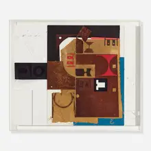 Abe Ajay, Untitled (Collage Construction #1CC77), 1977, mixed media collage/construction in acrylic vitrine