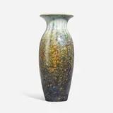 Fine vase in orange, blue and green by Walter Kinsley for Glades Pottery, sold Nov 2023
