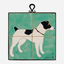 Wag the Dog (four-tile hanging plaque) by San José Pottery, c. 1930, glazed earthenware, iron, sold Nov 2023