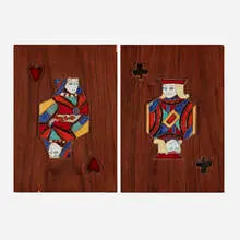Harris Strong, Unusual Jack of Clubs and Queen of Hearts tiles, set of two, c. 1960, glazed earthenware, wood