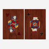 Harris Strong, Unusual Jack of Clubs and Queen of Hearts tiles, set of two, c. 1960, glazed earthenware, wood
