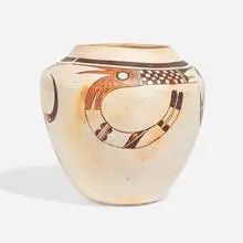 attribution Nampeyo, Hopi-Tewa seed pot with bird-like designs, c. 1920, hand-painted earthenware