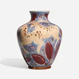 Decorated Porcelain vase with spotted gazelles and leaves by Elizabeth Barrett for Rookwood Pottery, sold Nov 2023