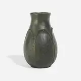 Vase with overlapping leaves by Marie Seaman for Grueby Faience Company, sold Nov 2023