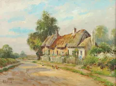 Arthur E. Ward, Thatched Cottage with Chickens, Oil on canvas