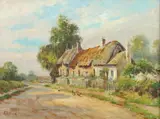 Arthur E. Ward, Thatched Cottage with Chickens, Oil on canvas