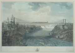 Ferdinand Richardt, The Great International Railway Suspension Bridge, Colored engraving by D.L